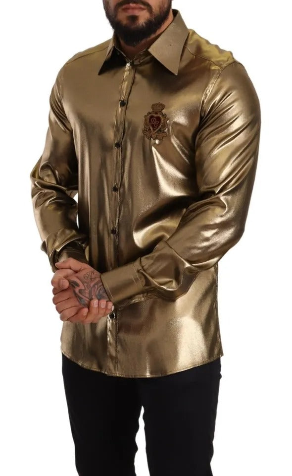 Dolce & Gabbana Metallic Gold DG Embroidered Crown Silk Top Shirt | Regal Royce