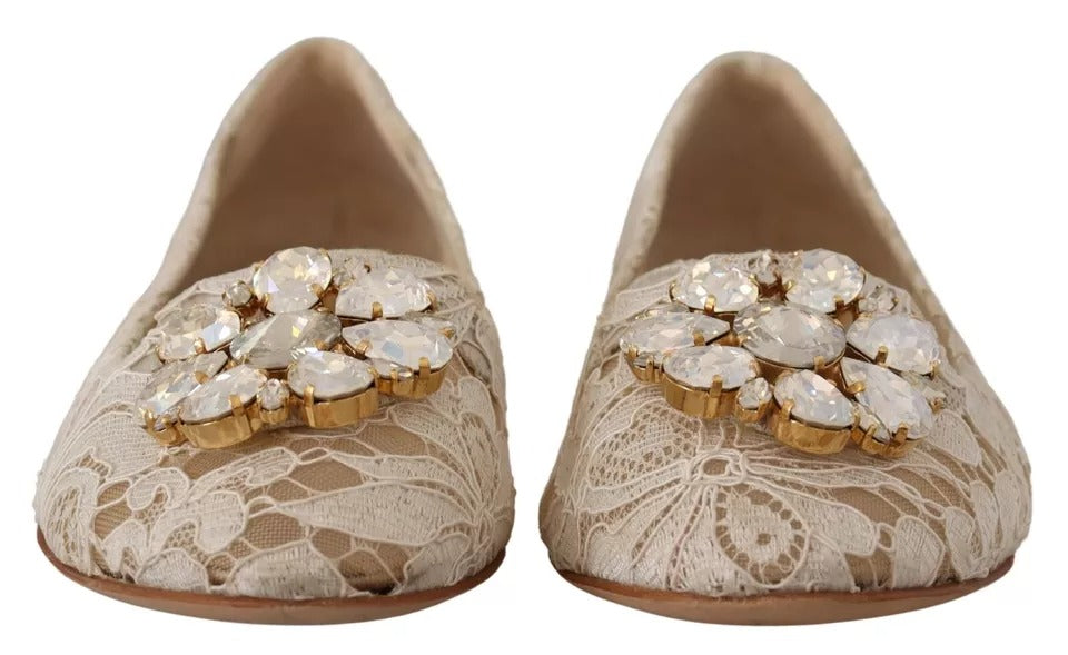 Dolce & Gabbana Beige Lace Crystal Ballet Flats Loafers Shoes | Regal Royce