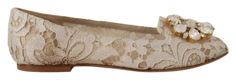 Dolce & Gabbana Beige Lace Crystal Ballet Flats Loafers Shoes | Regal Royce