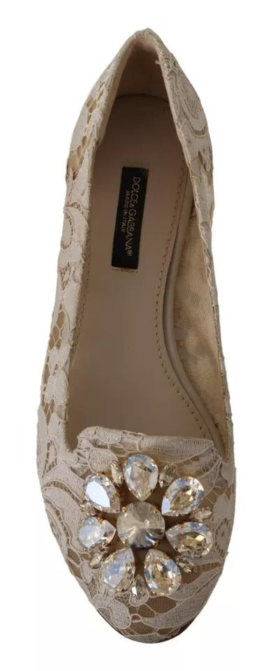 Dolce & Gabbana Beige Lace Crystal Ballet Flats Loafers Shoes | Regal Royce