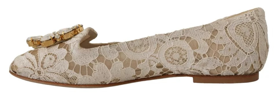 Dolce & Gabbana Beige Lace Crystal Ballet Flats Loafers Shoes | Regal Royce