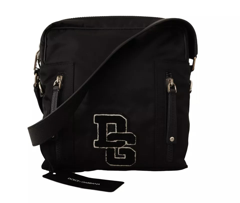 Dolce & Gabbana Black Nylon Leather DG Logo Patch Messenger Cross Body Bag | Regal Royce