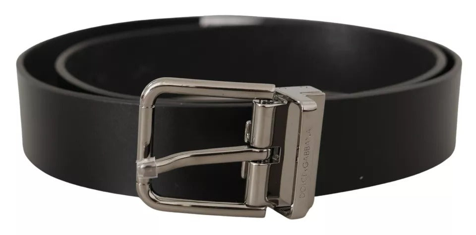 Dolce & Gabbana Black Calf Leather Logo Engraved Metal Buckle Belt | Regal Royce