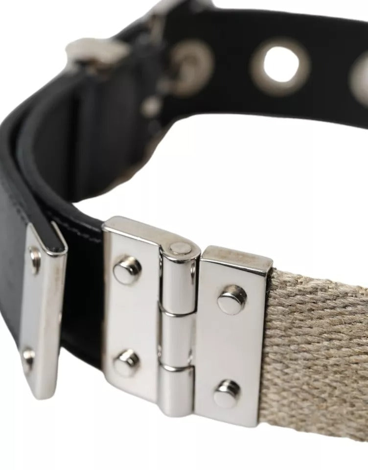 Dolce & Gabbana Black Leather Beige Strap Silver Metal Buckle Belt | Regal Royce