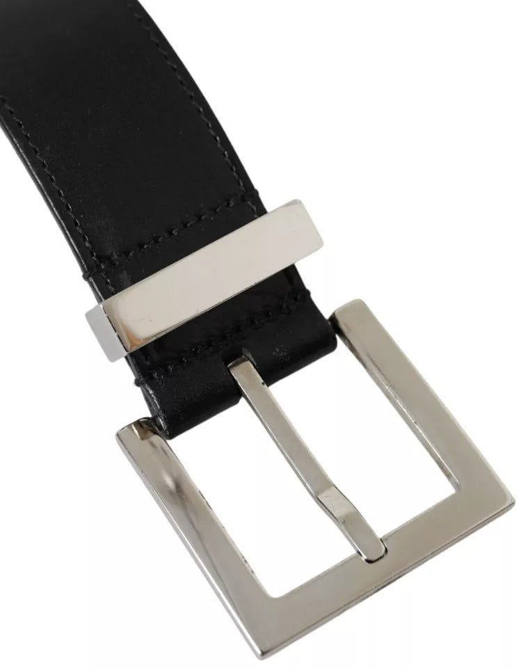 Dolce & Gabbana Black Leather Beige Strap Silver Metal Buckle Belt | Regal Royce