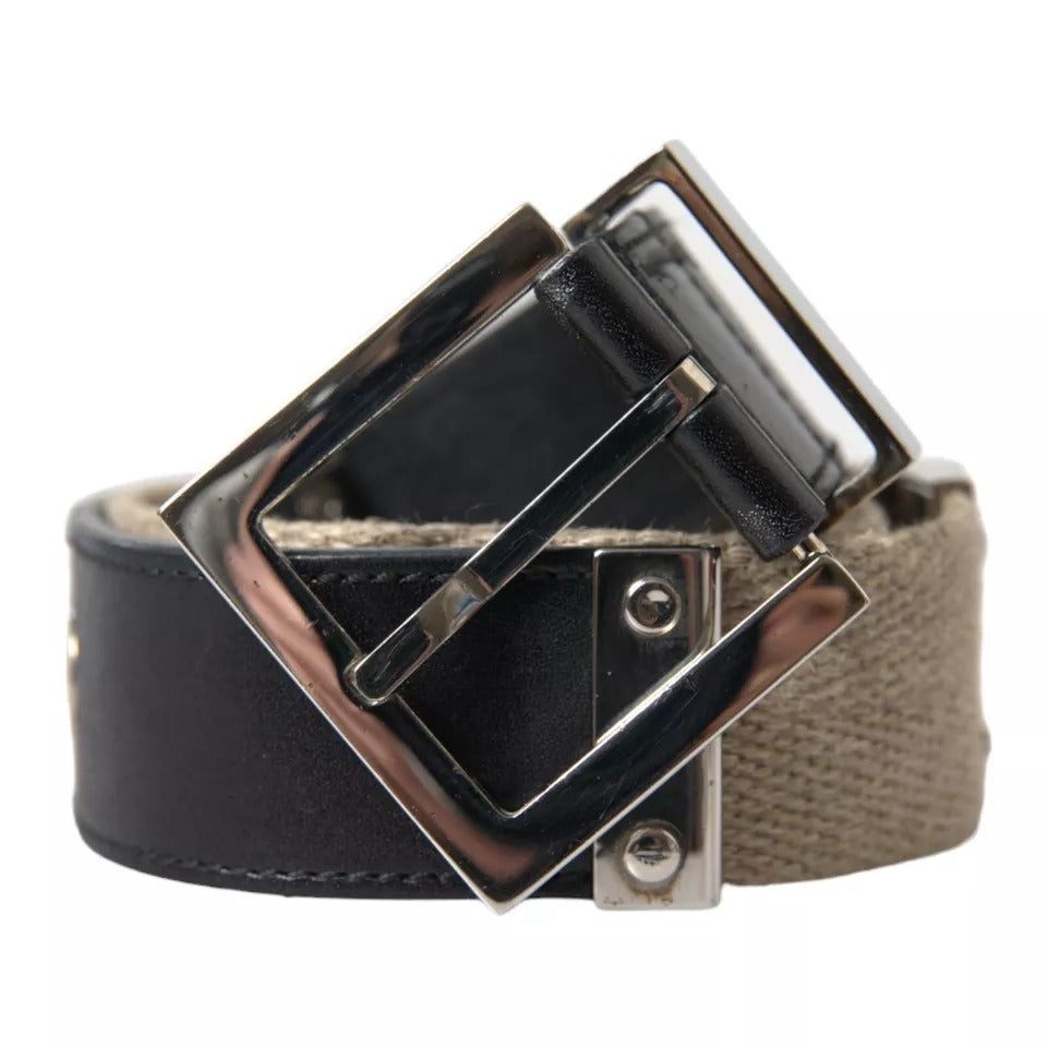 Dolce & Gabbana Black Leather Beige Strap Silver Metal Buckle Belt | Regal Royce