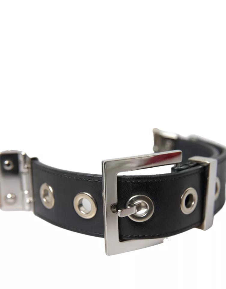 Dolce & Gabbana Black Leather Beige Strap Silver Metal Buckle Belt | Regal Royce