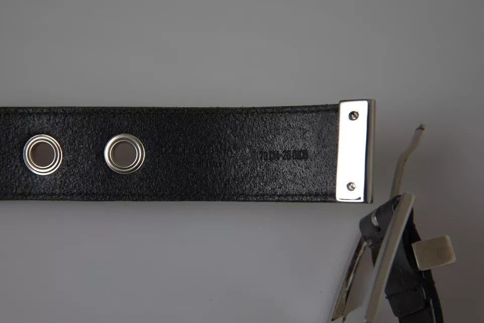 Dolce & Gabbana Black Leather Beige Strap Silver Metal Buckle Belt | Regal Royce