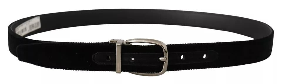 Dolce & Gabbana Black Velvet Silver Tone Metal Logo Buckle Belt | Regal Royce
