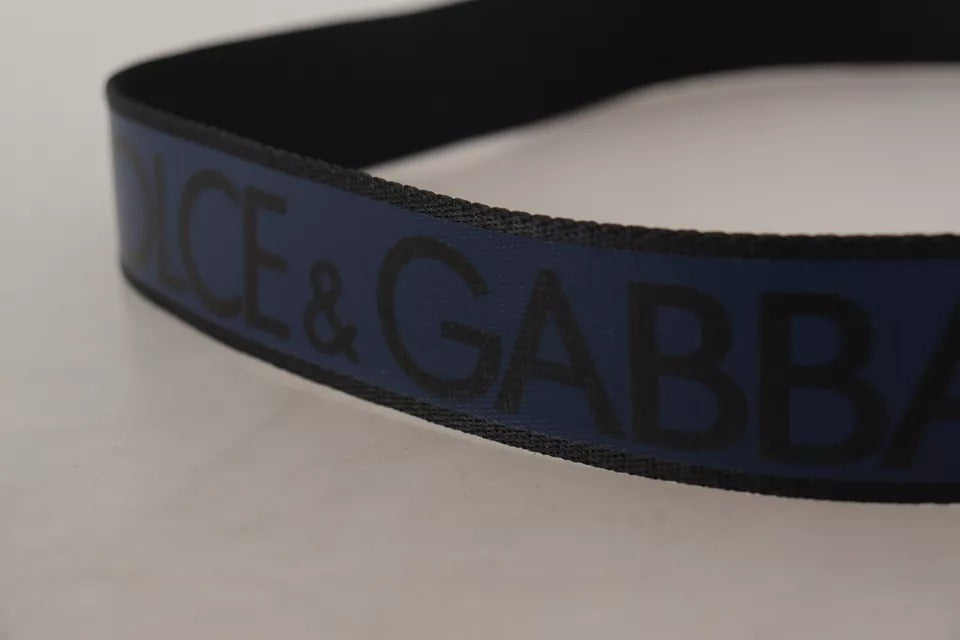 Dolce & Gabbana Blue Black Logo Print Silver Buckle Belt | Regal Royce