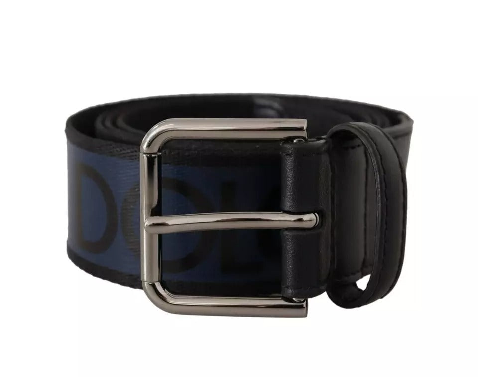 Dolce & Gabbana Blue Black Logo Print Silver Buckle Belt | Regal Royce