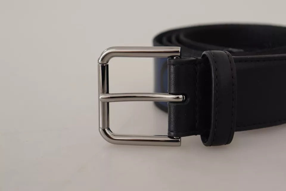 Dolce & Gabbana Blue Black Logo Print Silver Buckle Belt | Regal Royce
