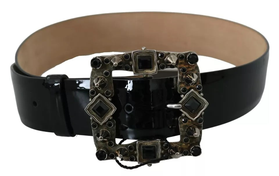 Dolce & Gabbana Black Shiny Leather Crystal Logo Buckle Belt | Regal Royce