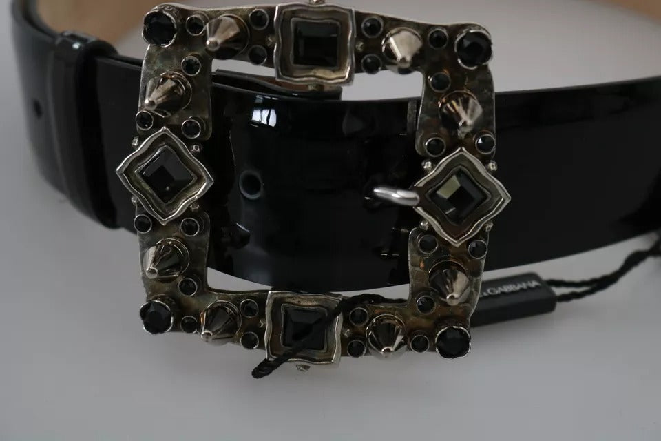 Dolce & Gabbana Black Shiny Leather Crystal Logo Buckle Belt | Regal Royce