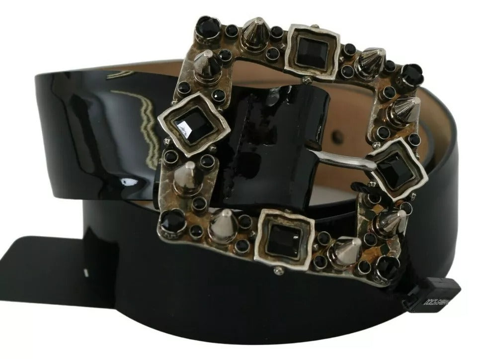 Dolce & Gabbana Black Shiny Leather Crystal Logo Buckle Belt | Regal Royce
