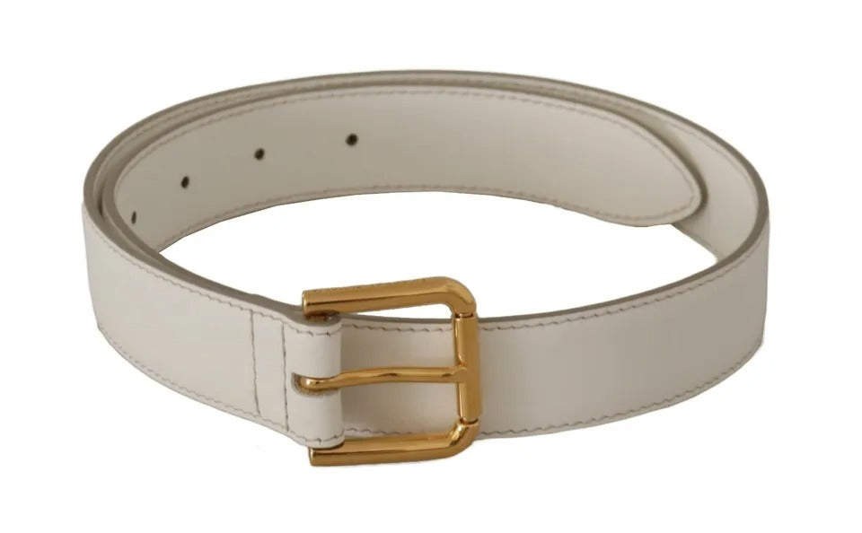 Dolce & Gabbana White Leather Gold Logo Engraved Metal Buckle Belt | Regal Royce