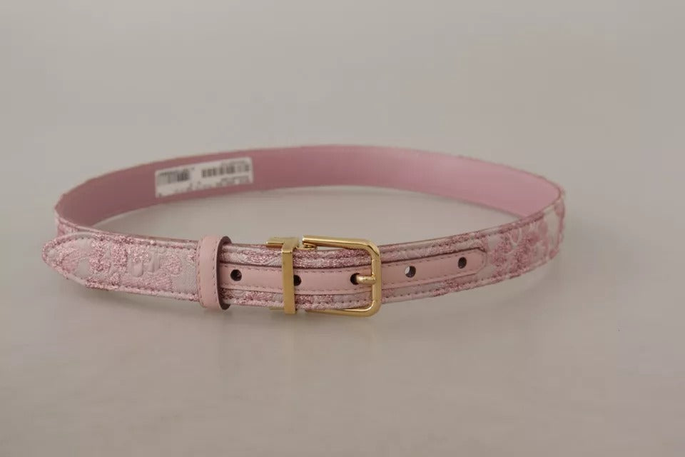 Dolce & Gabbana Pink Jaquard Embroidered Gold Tone Metal Buckle Belt | Regal Royce