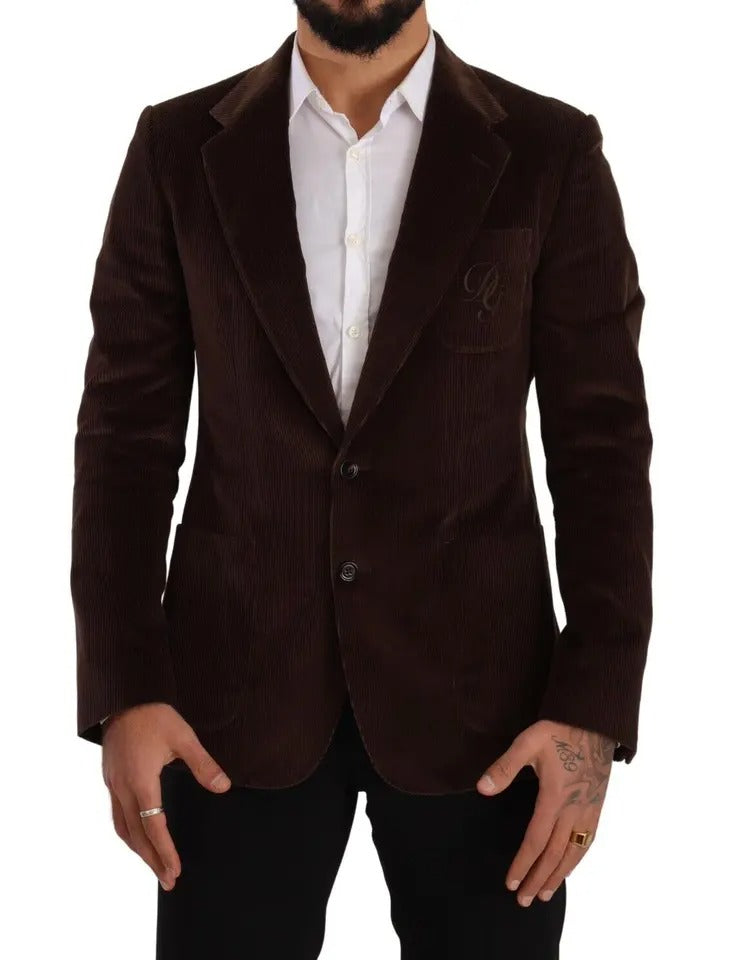 Dolce & Gabbana Brown Corduroy Slim Fit Coat DG Logo Blazer | Regal Royce