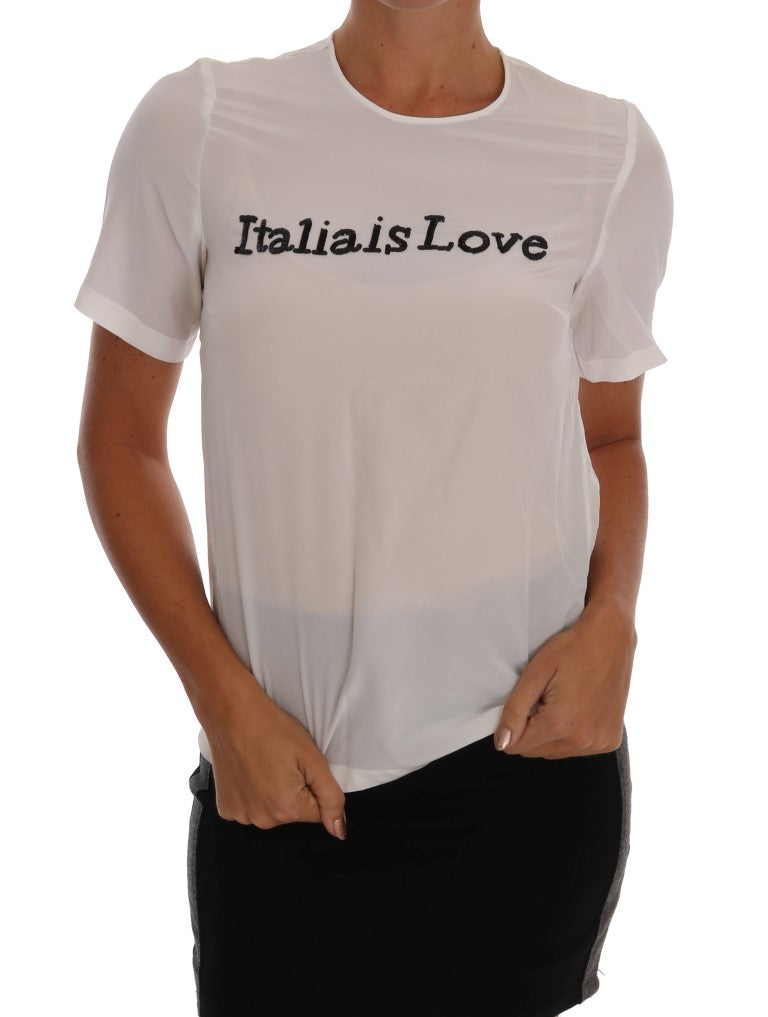 Dolce & Gabbana White Silk ITALIA IS LOVE Blouse T-shirt | Regal Royce