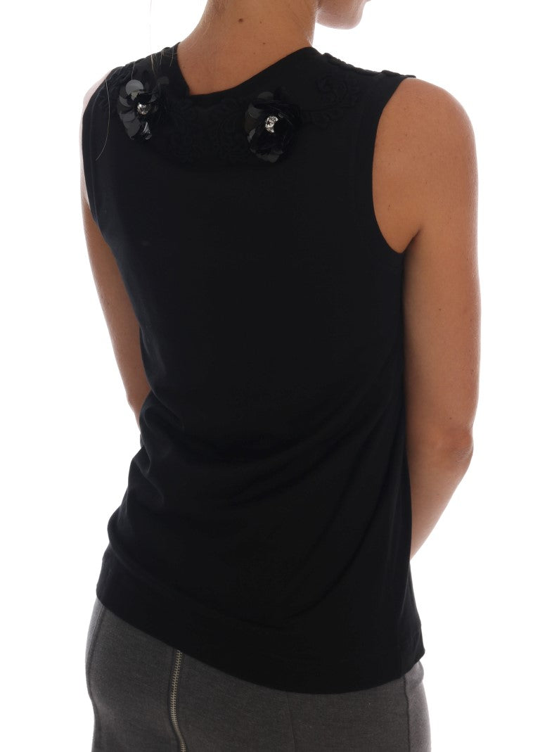 Dolce & Gabbana Black Cotton Floral Crystal Tank Top | Regal Royce