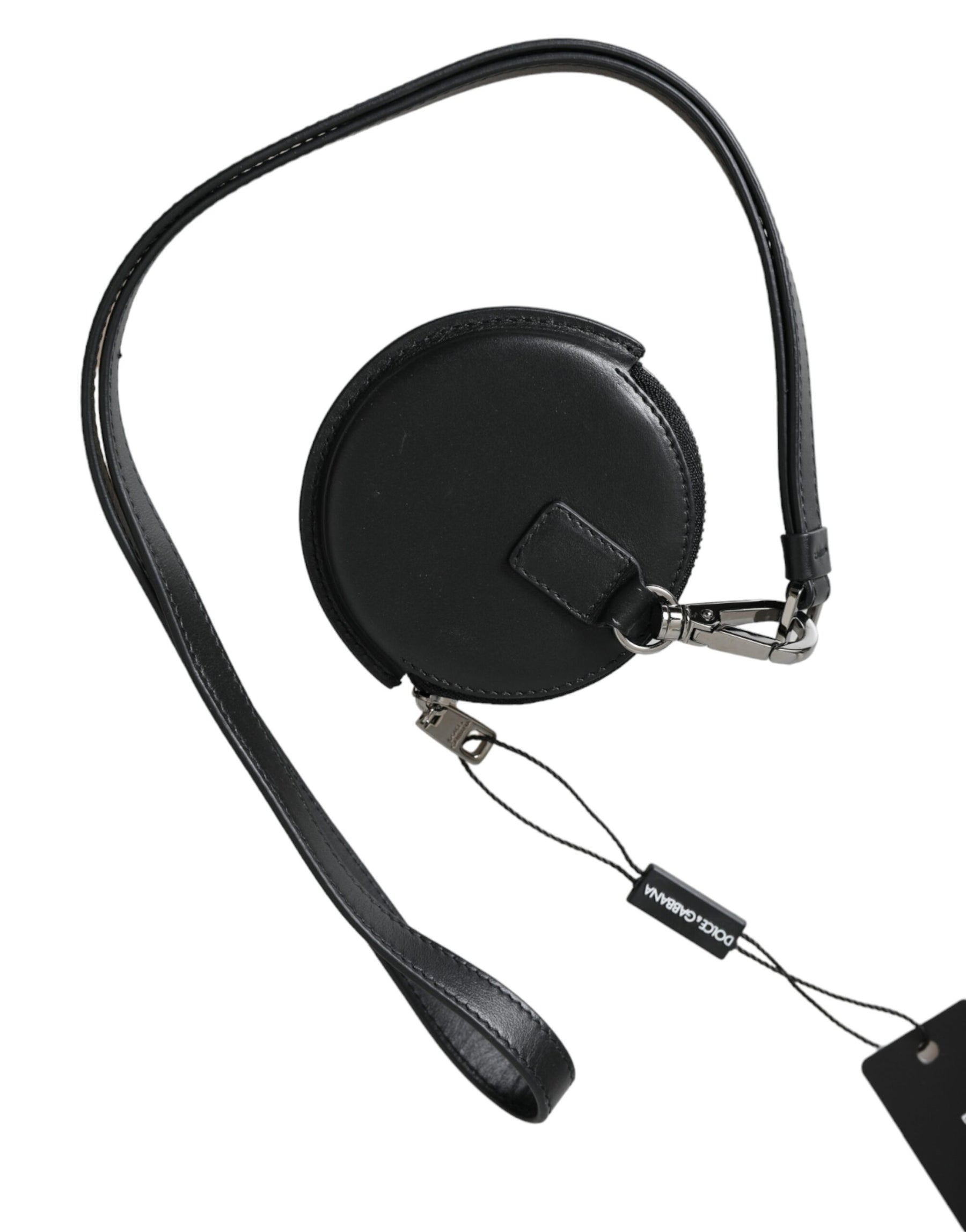 Dolce & Gabbana Black Round Leather DG Logo Coin Purse Lanyard Wallet | Regal Royce