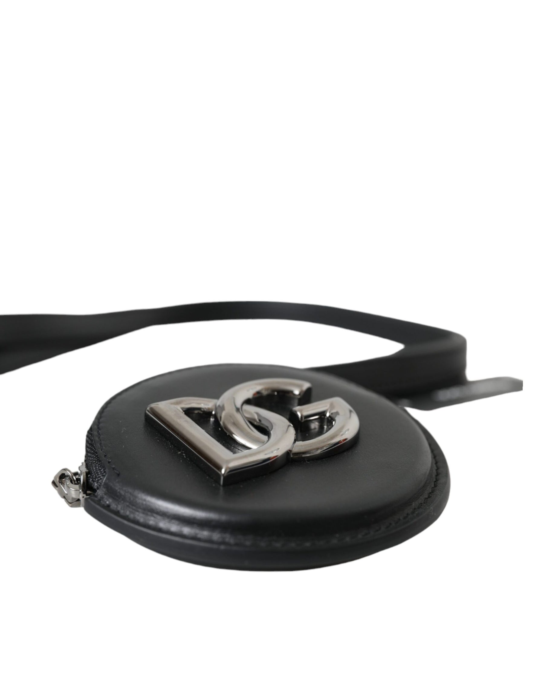 Dolce & Gabbana Black Round Leather DG Logo Coin Purse Lanyard Wallet | Regal Royce