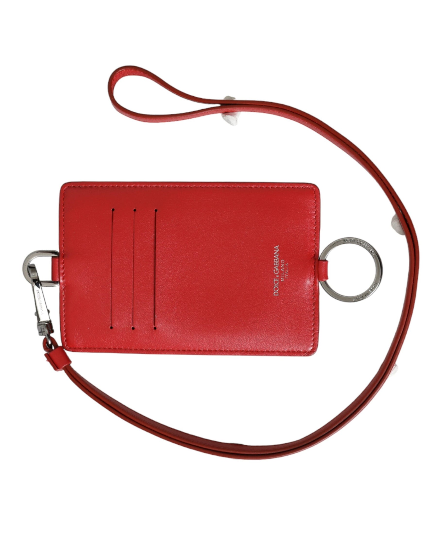 Dolce & Gabbana Red Calfskin Leather Lanyard Logo Card Holder Wallet | Regal Royce