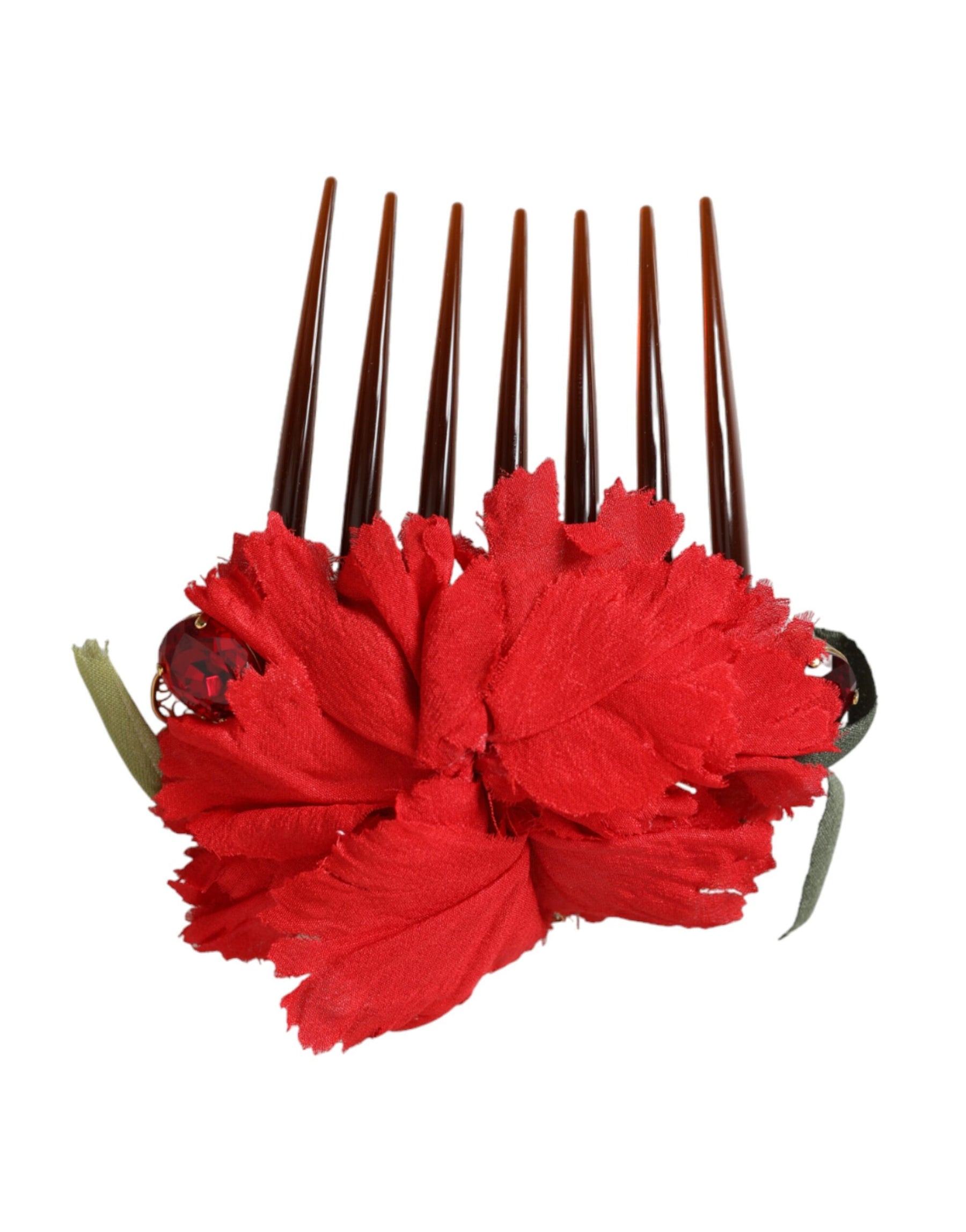 Dolce & Gabbana Red Silk Floral Gold Brass Women Hair Comb | Regal Royce
