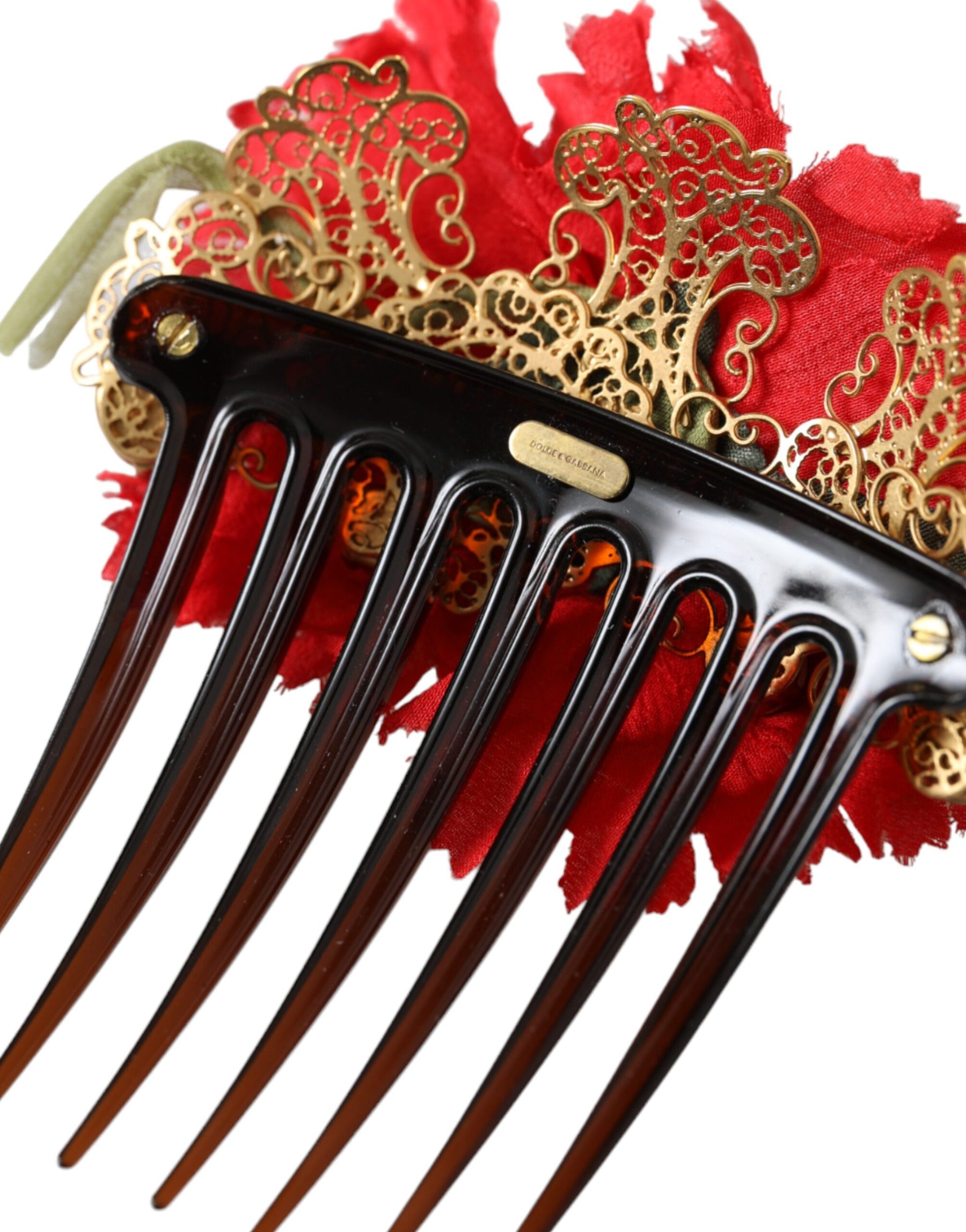 Dolce & Gabbana Red Silk Floral Gold Brass Women Hair Comb | Regal Royce