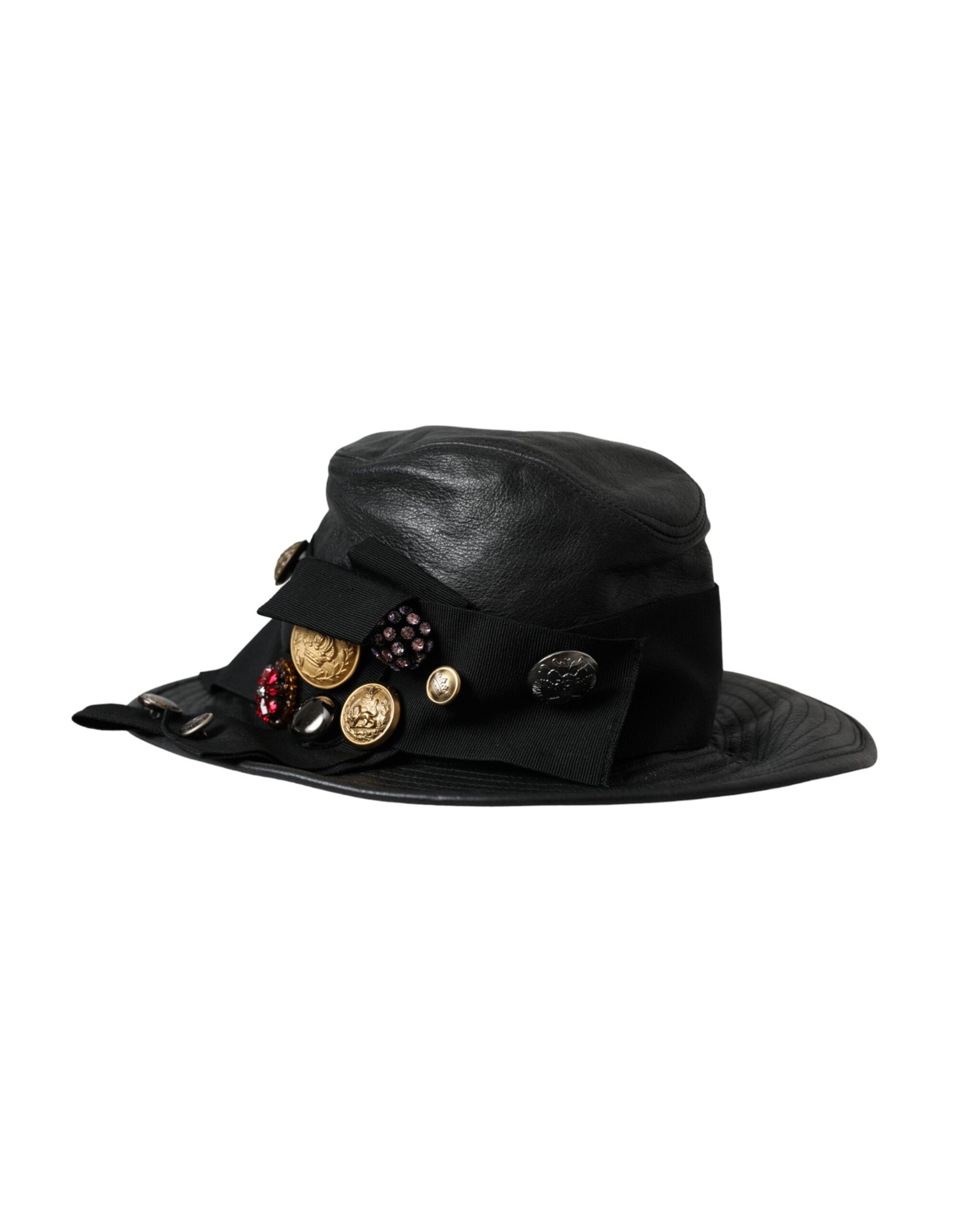 Dolce & Gabbana Black Leather DG Coin Crystal Wide Brim Hat | Regal Royce