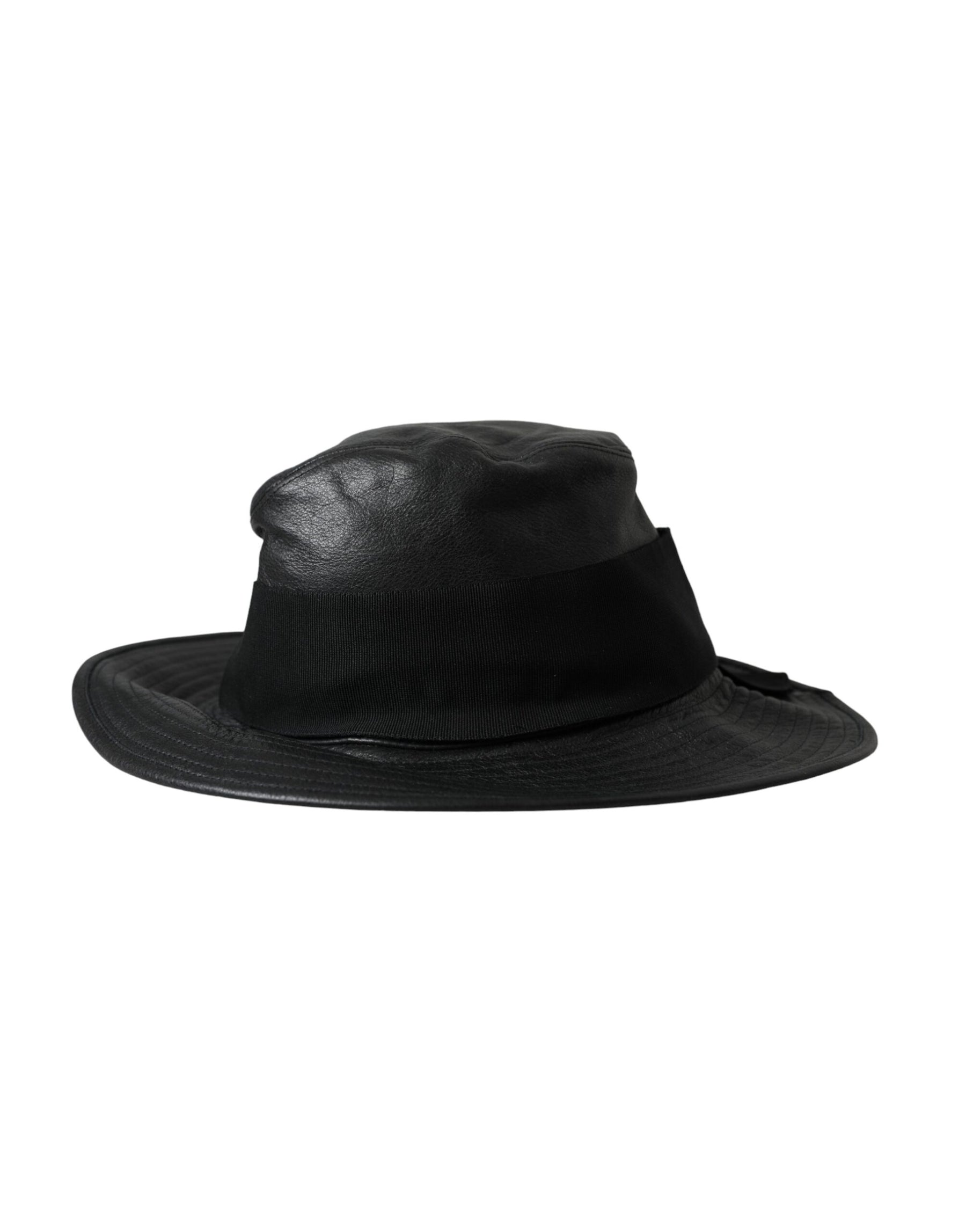 Dolce & Gabbana Black Leather DG Coin Crystal Wide Brim Hat | Regal Royce
