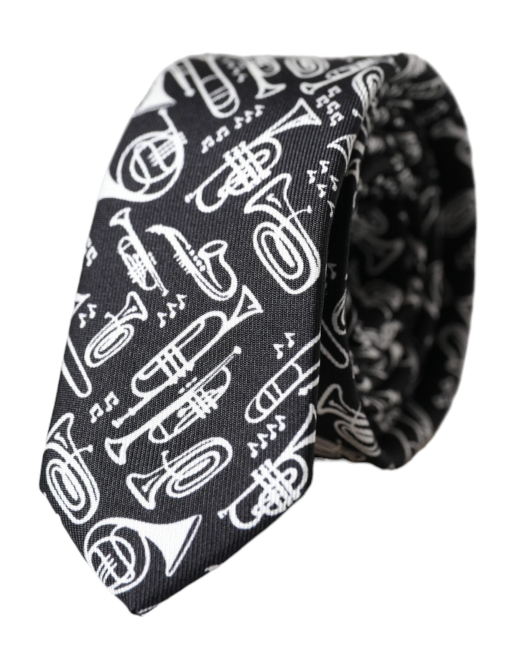 Dolce & Gabbana Black Trumpet Print Silk Adjustable Tie | Regal Royce