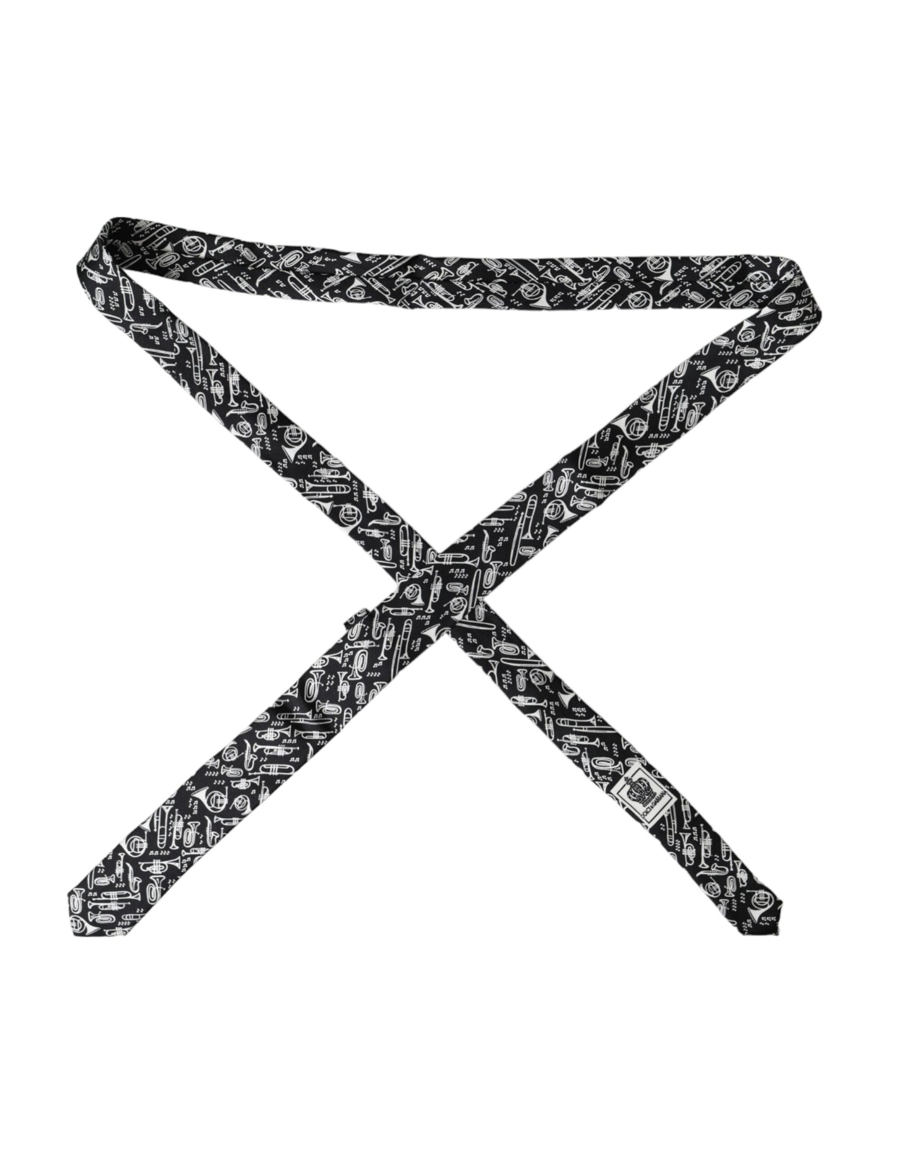 Dolce & Gabbana Black Trumpet Print Silk Adjustable Tie | Regal Royce