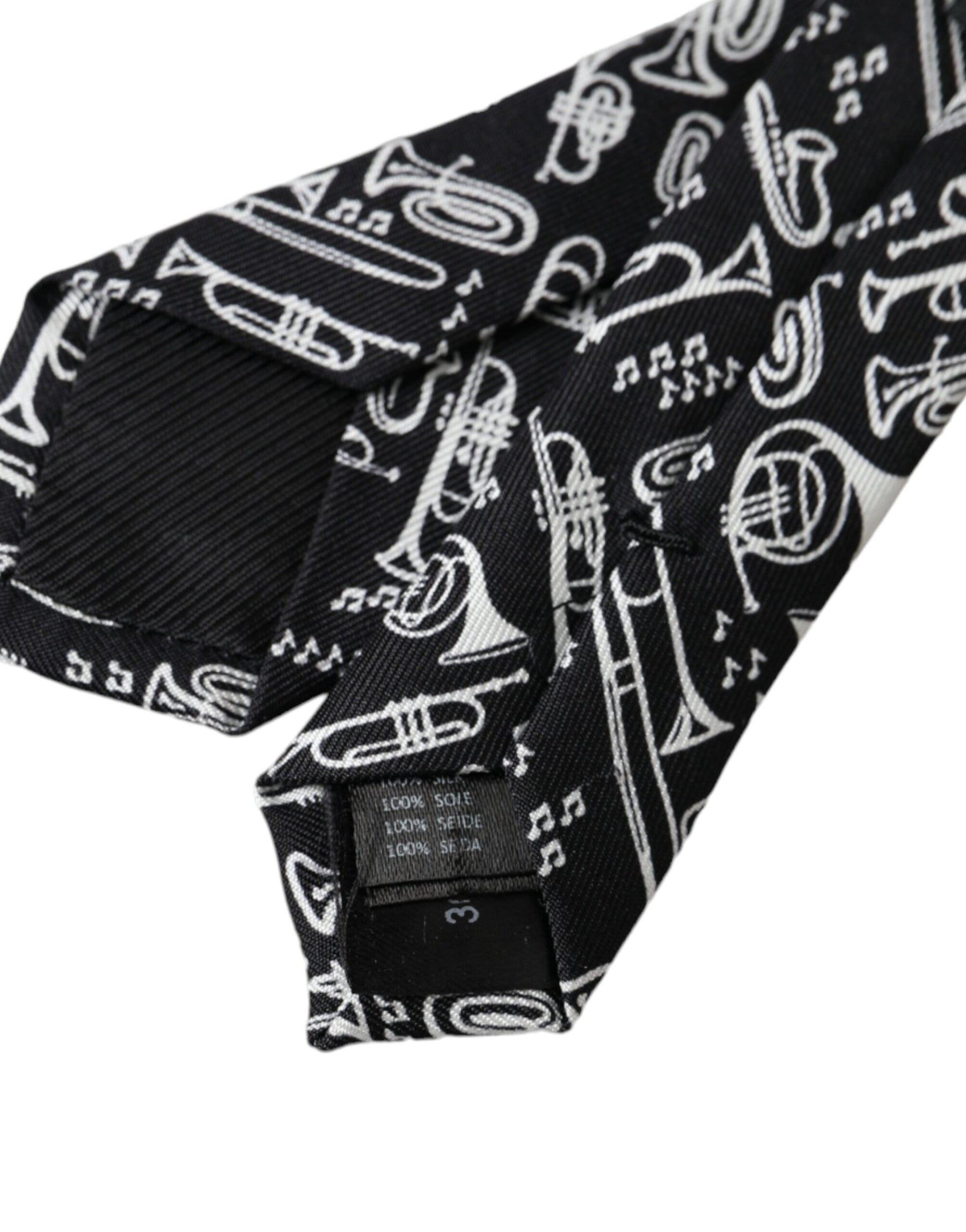 Dolce & Gabbana Black Trumpet Print Silk Adjustable Tie | Regal Royce