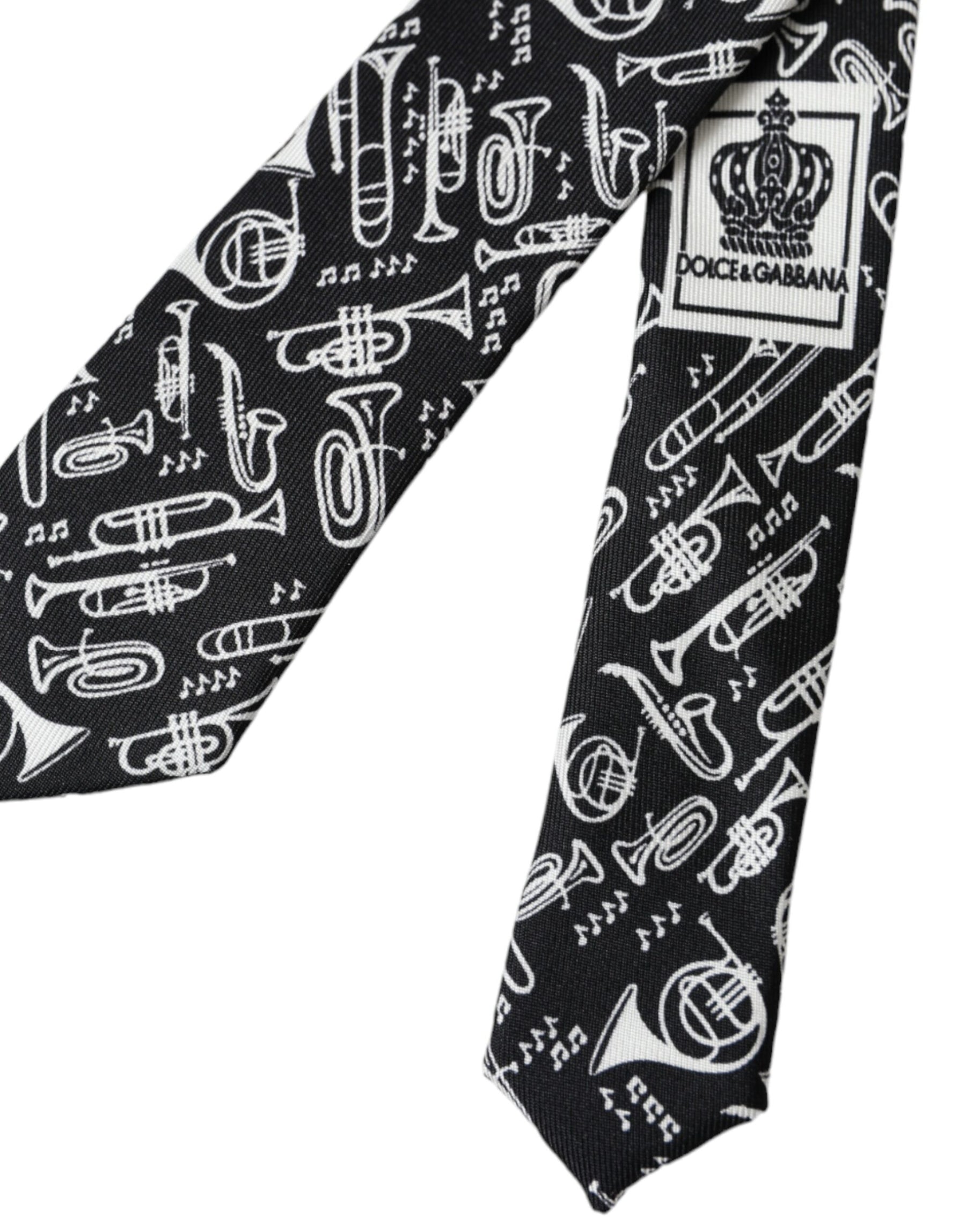 Dolce & Gabbana Black Trumpet Print Silk Adjustable Tie | Regal Royce