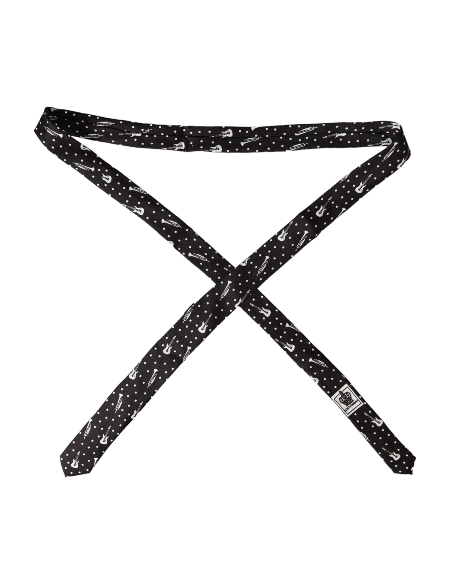 Dolce & Gabbana Black Guitar Print Silk Adjustable Tie | Regal Royce