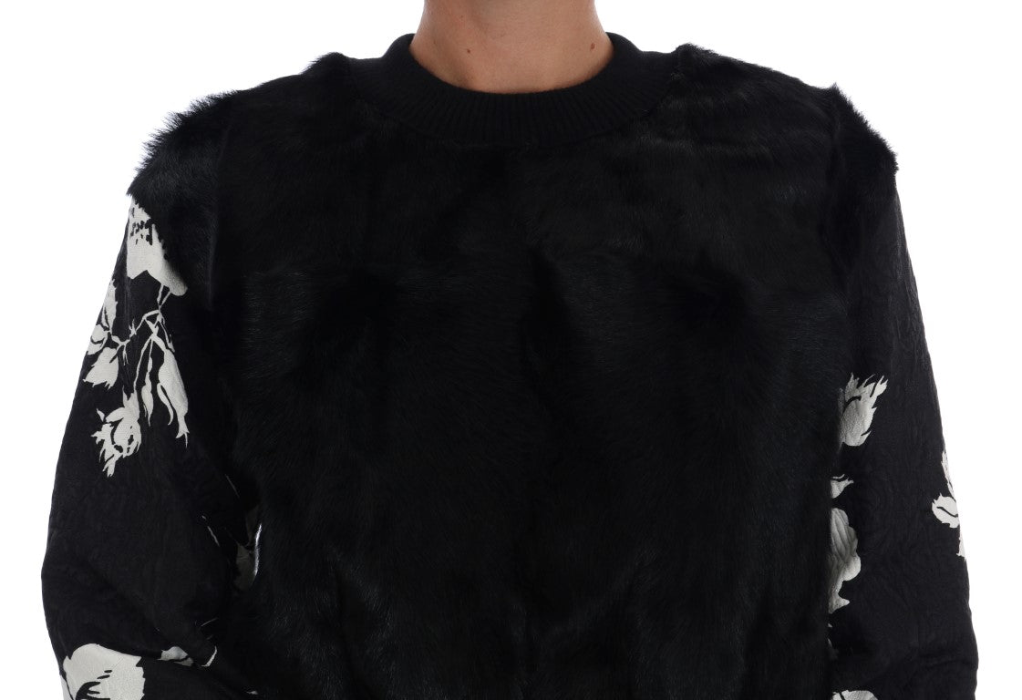 Dolce & Gabbana Black Fur Floral Brocade Zipper Sweater | Regal Royce