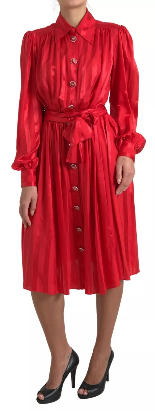Dolce & Gabbana Red Button Down Belted Midi Satin Silk Dress | Regal Royce