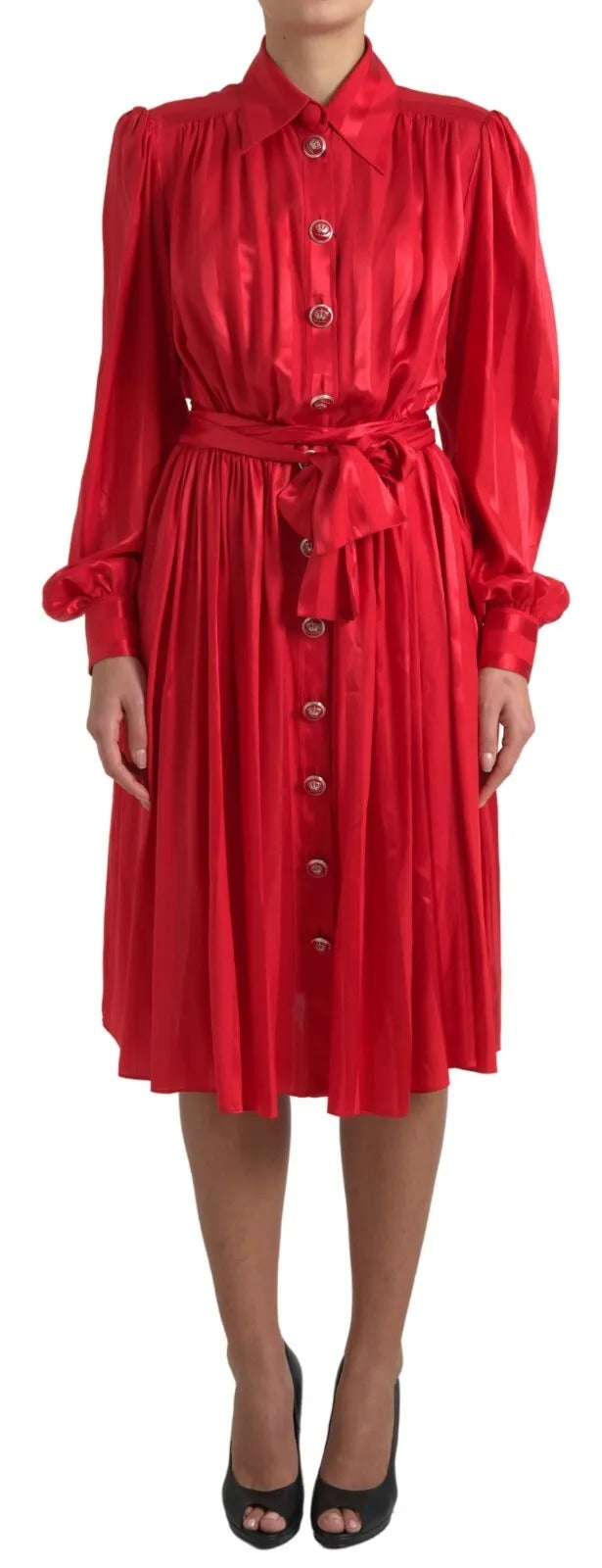 Dolce & Gabbana Red Button Down Belted Midi Satin Silk Dress | Regal Royce
