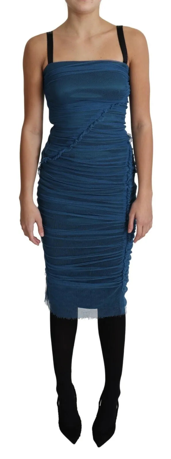 Dolce & Gabbana Blue Draped Tulle Midi Sheath Cotton Dress | Regal Royce