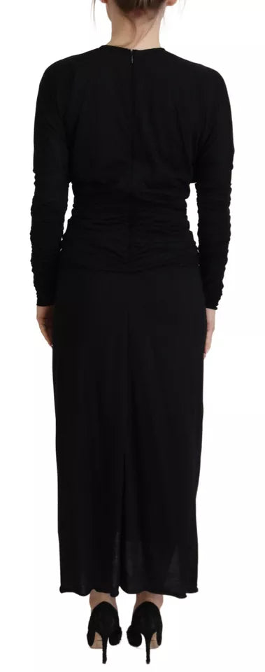 Dolce & Gabbana Black Sheath Midi Gown Wool Wrap Dress | Regal Royce