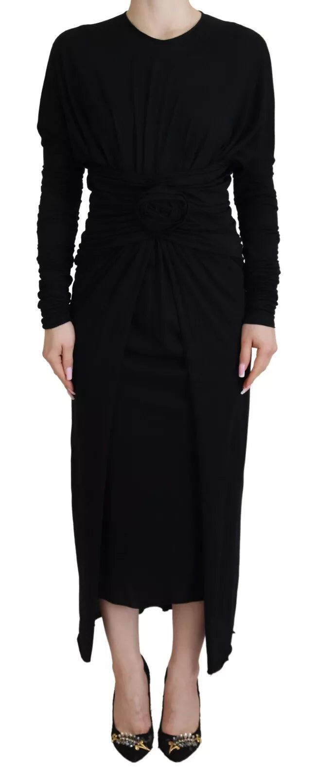 Dolce & Gabbana Black Sheath Midi Gown Wool Wrap Dress | Regal Royce