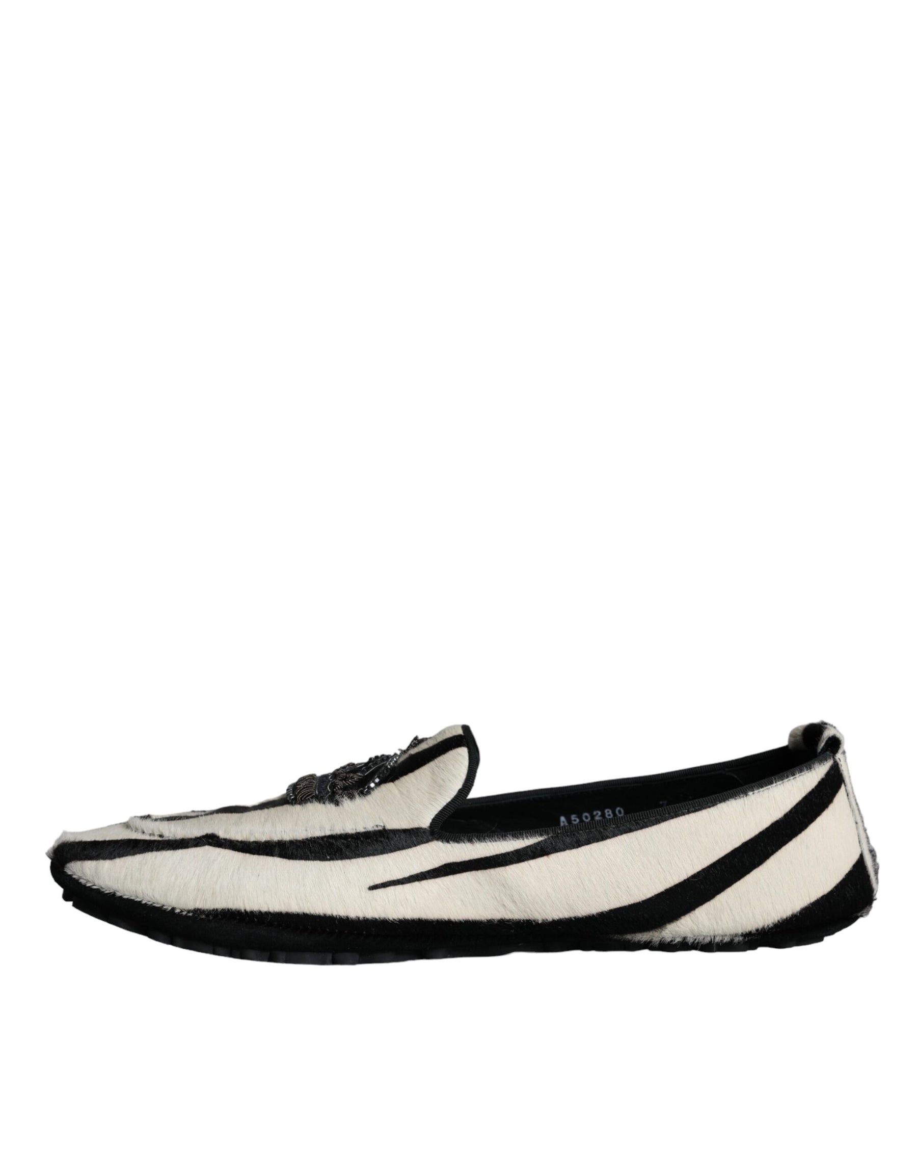 Dolce & Gabbana Black White Calf Fur Slip On Loafers Men Shoes | Regal Royce