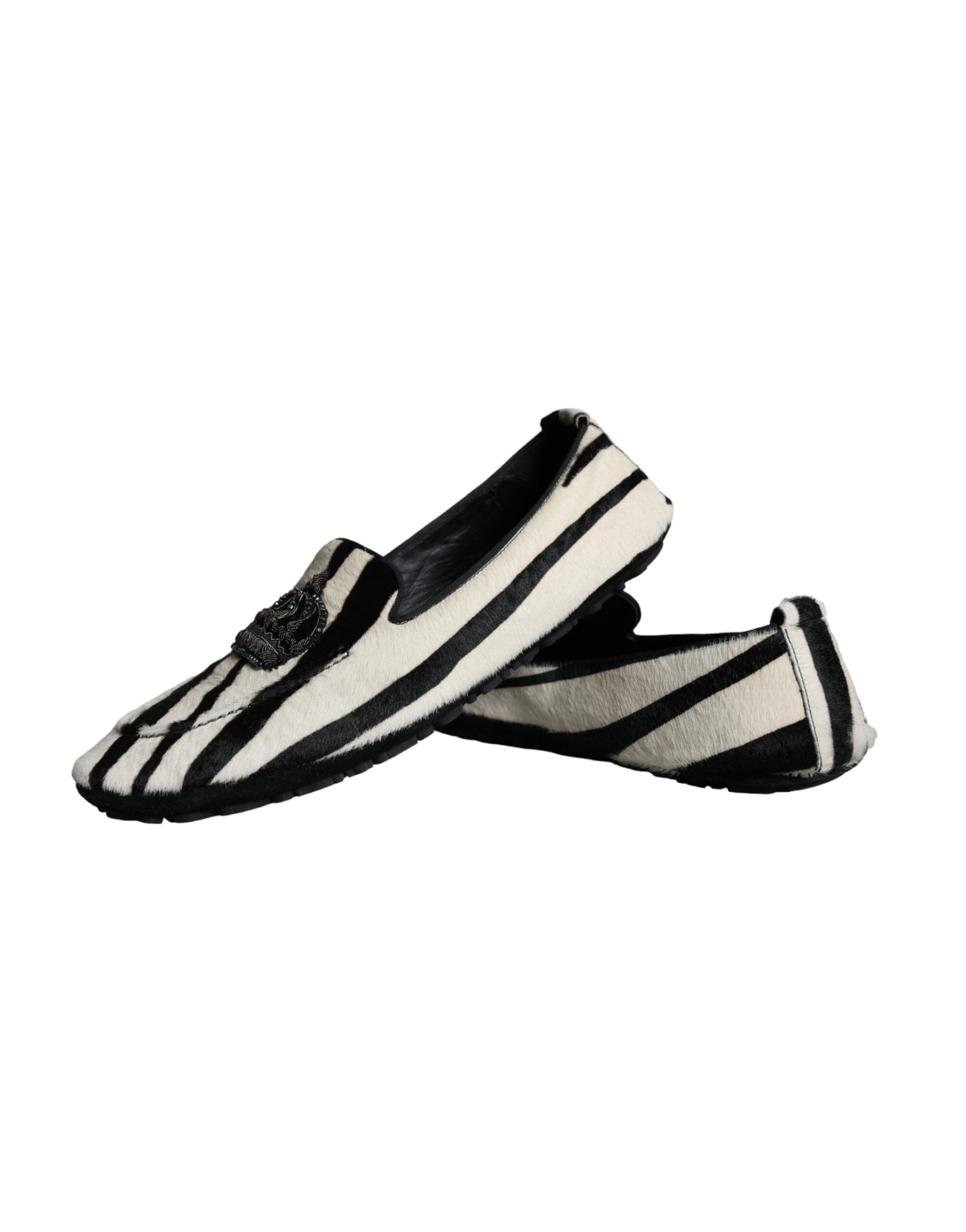 Dolce & Gabbana Black White Calf Fur Slip On Loafers Men Shoes | Regal Royce