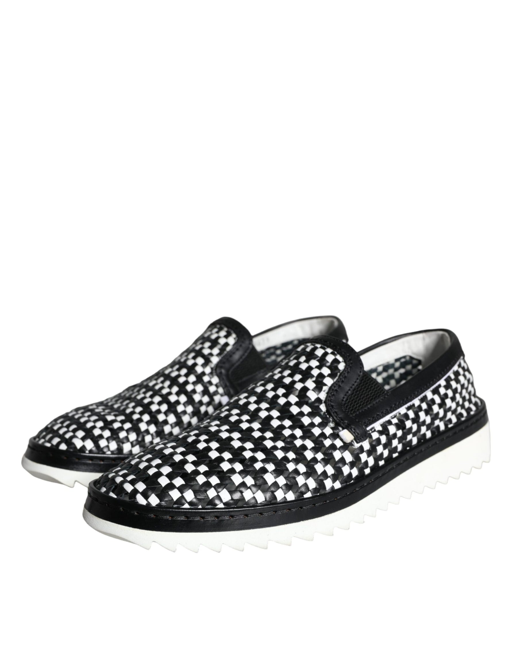 Dolce & Gabbana Black White Weaved Slip On Men Loafers Shoes | Regal Royce