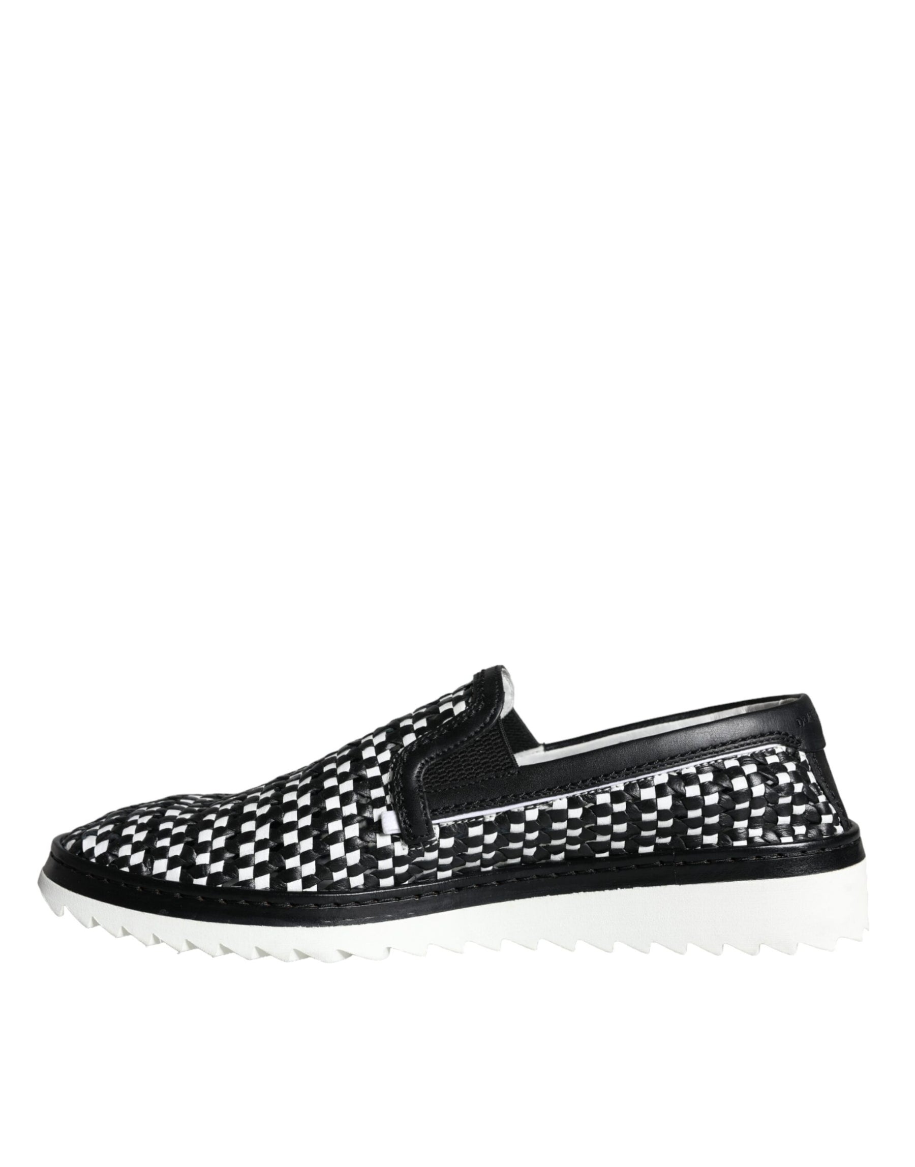 Dolce & Gabbana Black White Weaved Slip On Men Loafers Shoes | Regal Royce