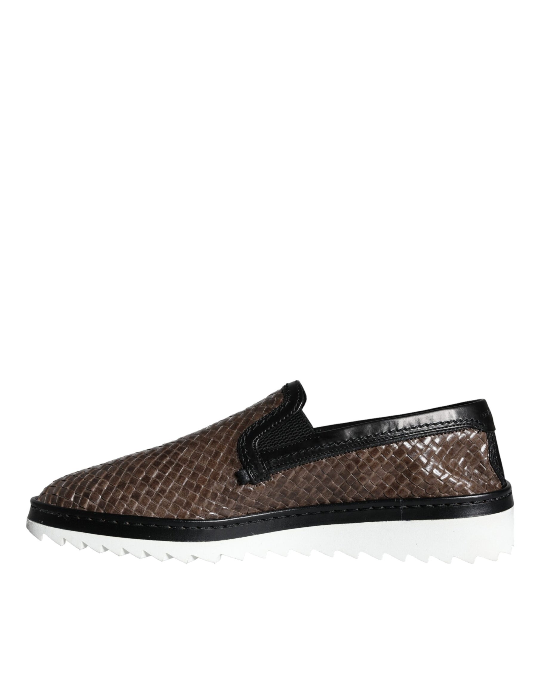 Dolce & Gabbana Brown Black Leather Weaved Men Loafers Shoes | Regal Royce