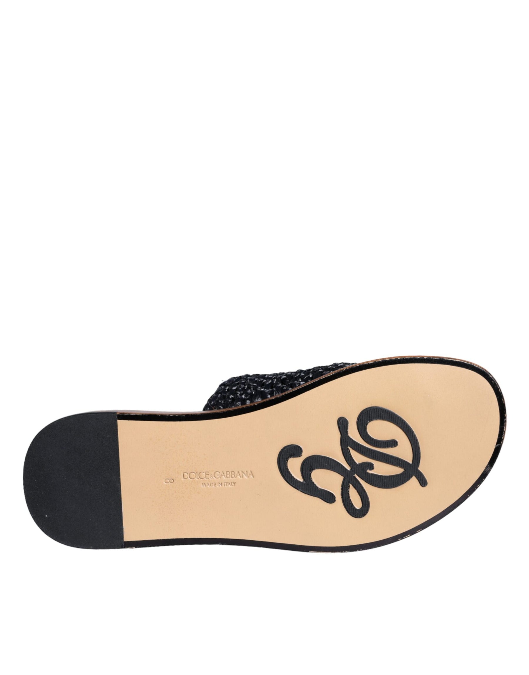 Dolce & Gabbana Black Monochrome Braided Raffia Slides Shoes | Regal Royce