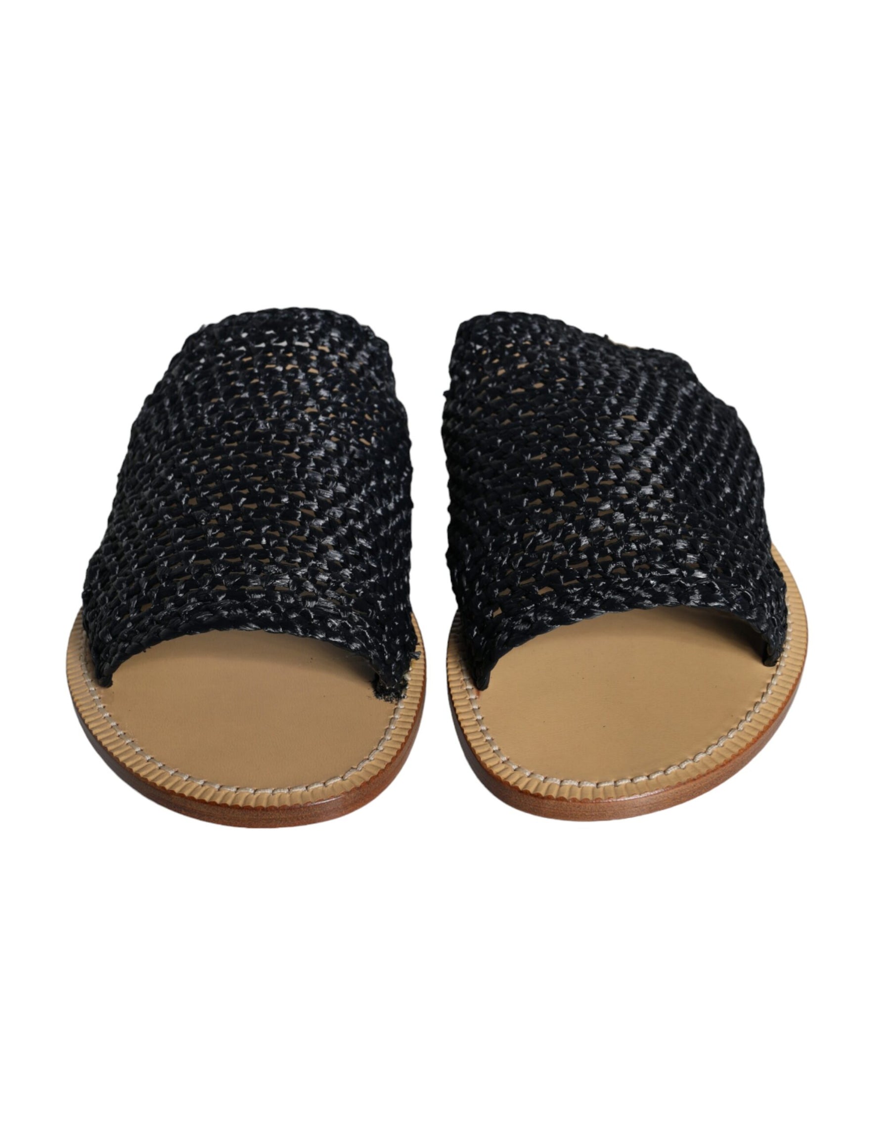 Dolce & Gabbana Black Monochrome Braided Raffia Slides Shoes | Regal Royce