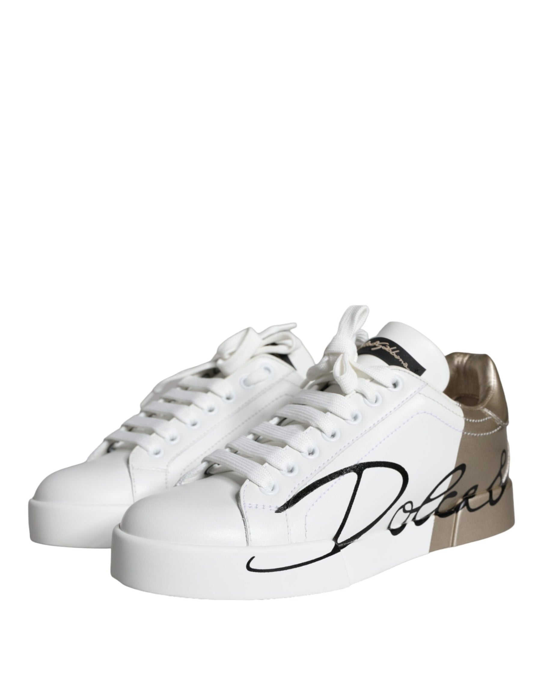 Dolce & Gabbana White Gold Portofino Low Top Leather Sneakers Shoes | Regal Royce